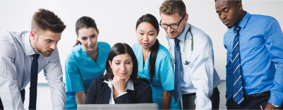 Diverse team of healthcare professionals in medical attire
